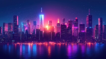 Fototapeta premium Neon-Lit City Skyline with Water Reflection at Night