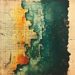 Abstract art with a vintage map-like design in warm and cool tones.