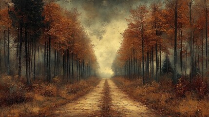 Fototapeta premium A misty forest path lined with autumn trees, leading to an unknown destination.