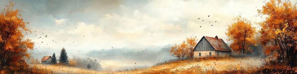 Naklejka premium A cozy cabin sits nestled among autumnal trees, a gentle breeze carrying fallen leaves through the air.