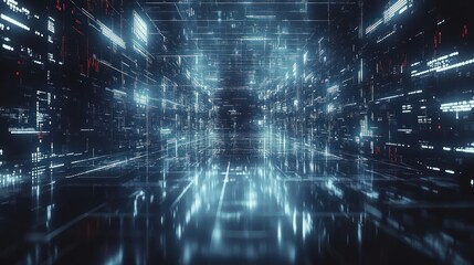 Abstract digital tunnel of blue glowing lines, data and code on a black background.