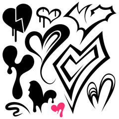 Set of different black and white and color hearts in 2000 style