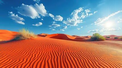Obraz premium Serene desert landscape with blue sky and fluffy clouds