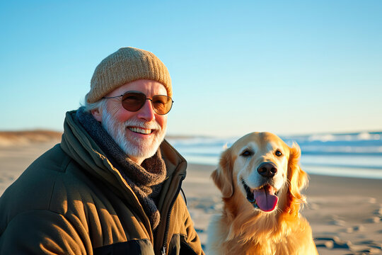 Retired man and his dog walking on the beach on a sunny winter day