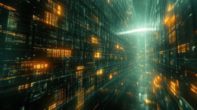 Abstract digital tunnel with glowing lights.