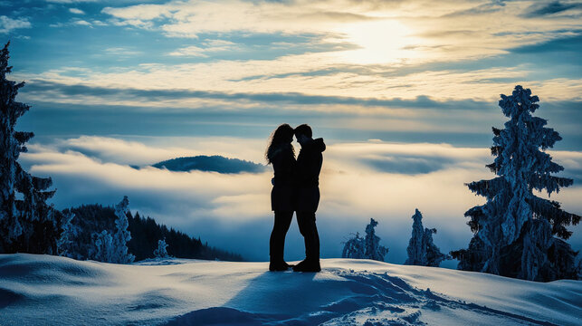 Couple embracing on a snowy mountain peak at sunset with misty clouds surrounding them