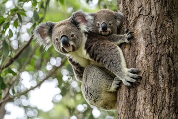 Naklejka premium Mother koala carrying her baby on her back, climbing a tree