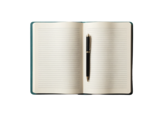 Open Lined Notebook with Black Pen on Transparent Background