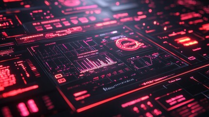 Abstract futuristic interface with glowing red data and graphs.