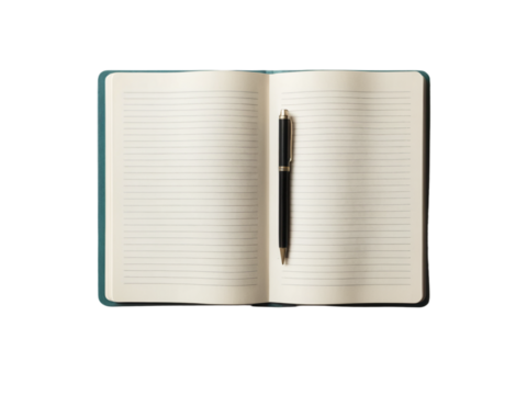 Open Lined Notebook with Black Pen on Transparent Background