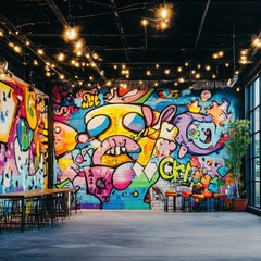 Obraz premium Vibrant graffiti scene with street culture selective focus expression theme whimsical blend mode warehouse walls backdrop