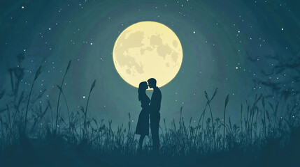 A couple shares a romantic kiss under a full moon on a starry night