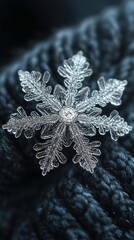 A of an icy snowflake pin on fabric, showcasing its intricate details and shimmering design, perfectly enhancing the texture of the clothing, ideal for a phone wallpaper.