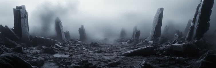 Bleak cityscape with ruined tech and battle remains