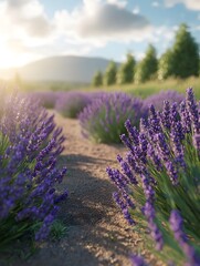Obraz premium A dirt path winds through a field of blooming lavender under a bright blue sky.