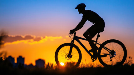 Naklejka premium A silhouette of a man cycling through the city as evening light casts vibrant colors on the skyline