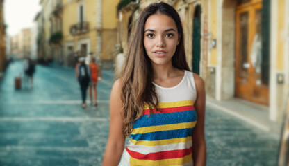 Fototapeta premium Brunette woman in cozy tank top, smiling in old town summer street, exploring, student life.