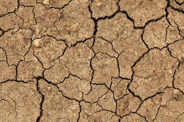 Texture of the dried earth with clay and sand close up or brown dry soil or cracked ground texture background. The theme of ecology and global warming