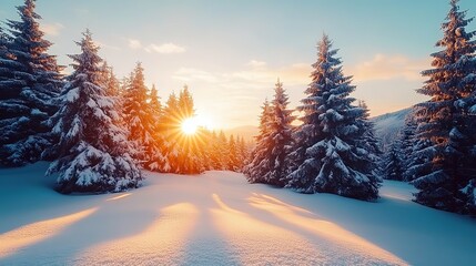 Snow-covered hills and pine trees under a vibrant sunset., serene snow covered landscape dusk soft twilight sky gentle silhouettes trees distance, evening, cold, quiet, tranquil, horizon, shadows, icy