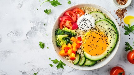 quinoa breakfast bowl with veggies, balanced meal, minimalist design, vibrant colors, isolated on white background 