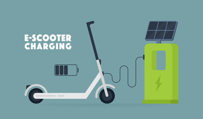 Vector illustration of an electric scooter connected to a solar-powered charging station with a battery icon indicating charge level. Сoncept of green energy, sustainable transportation and e-mobility