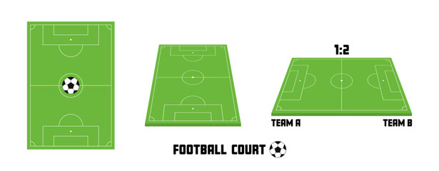 Football court layout in various perspectives with ball and match score. Can be used for sports graphics, posters or event promotions. Vector illustration