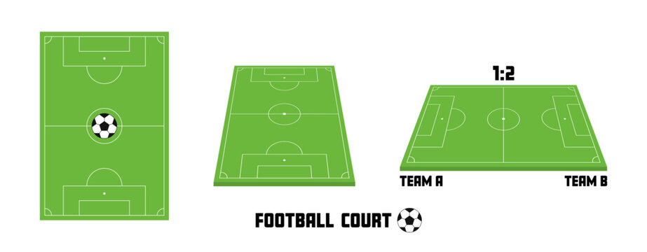 Football court layout in various perspectives with ball and match score. Can be used for sports graphics, posters or event promotions. Vector illustration