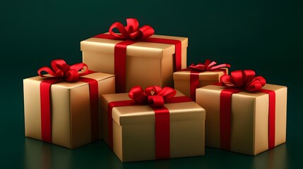 Obraz premium golden gift boxes with red ribbons packaging presents wrapping