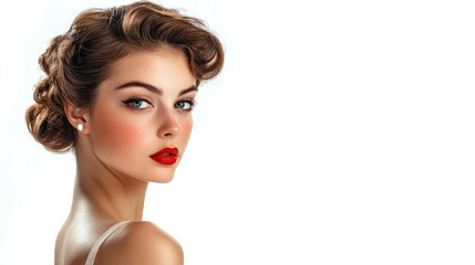 Fototapeta premium young smiling woman with red lips wearing retro pin-up dress on white background, vintage fashion, beautiful girl in 1930s style outfit, horizontal illustration, copy space, femininity and elegance