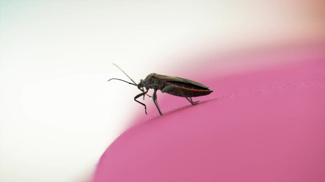 Close-up of a brown leaf bug sitting on a pink cheir against a white background in nature. The focus is on the compound eyes of the insect.