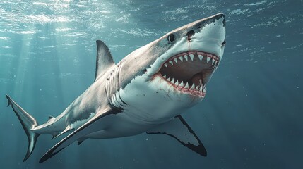 Naklejka premium Open-mouthed white shark showcasing its formidable teeth in a 3D render