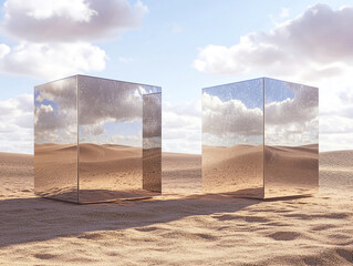 Two mirrored cubes stand in a desert landscape, reflecting the surrounding sky and sand dunes