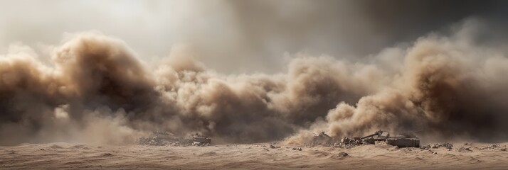 Desert war zone with smoke and destroyed tanks