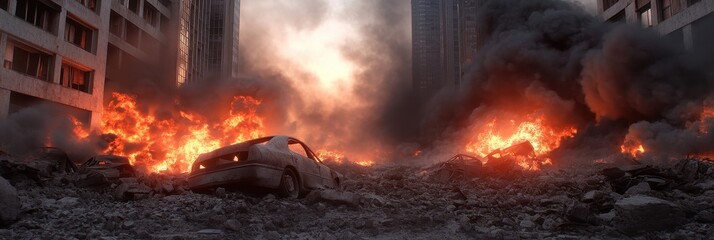 Bleak city with smoke and burnt-out vehicles