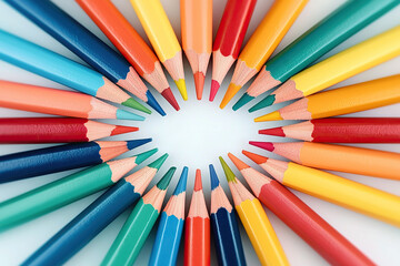 Fototapeta premium Colorful array of multicolored pencils arranged in circular pattern, showcasing vibrant hues and sharp tips, perfect for artistic creativity and inspiration