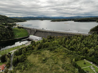 View from a drone of Lake Solina and the surrounding area.