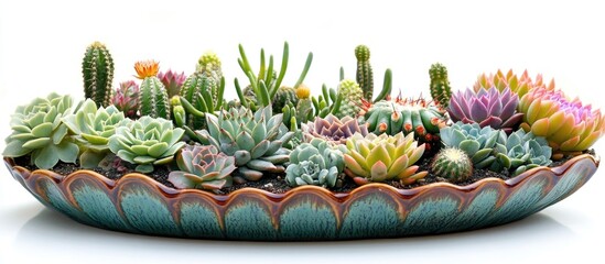 Colorful arrangement of various succulents and cacti in a decorative pot ideal for home decor and gardening enthusiasts