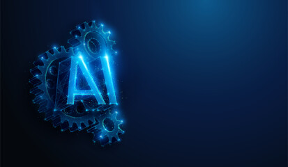 Abstract illustration of low poly AI over gears. Blue geometric background depicting artificial intelligence service setup, tech support and maintenance concept by wireframe connection structure