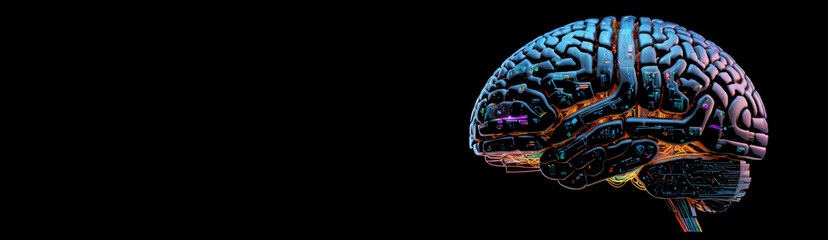 Illustrative image concept of technological and computerized brain with circuits and colored LED lights, representation of artificial intelligence and technological progress and human thought