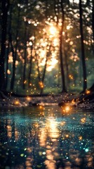 Naklejka premium A magical scene of fireflies glowing around a little pond in a forest, surrounded by lush greenery and dappled light, perfect for a phone wallpaper.