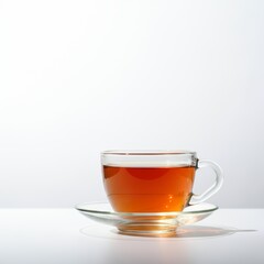 Minimalist glass cup of tea on white background