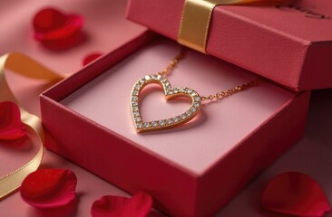 Elegant heart-shaped necklace in gift box with red petals for valentine's day