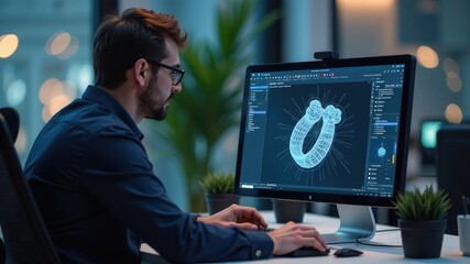 Designer focusing on jewelry modeling with cad software in modern office environment