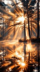 Fototapeta premium A featuring bright sunlight filtering through the trees in a forest, casting reflections on still water, creating a serene and peaceful atmosphere, perfect for a phone wallpaper.