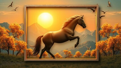 3D mural wallpaper featuring horse, golden trees, colored mountains, golden sun, birds, and modern background, wallpaper, horse