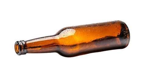 A brown glass beer bottle lying down, isolated over transparent background, PNG cut-out