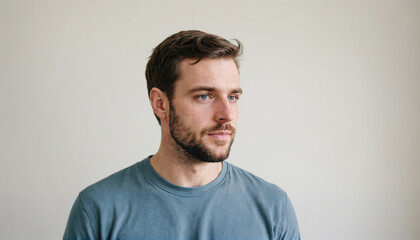 Fototapeta premium A man with brown hair and a beard is looking off to the side in front of a plain white background