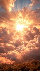 Fototapeta premium A bright, shining sun illuminates the sky as it breaks through the clouds, with radiant beams creating a stunning display of light and shadow, perfect for a phone wallpaper.