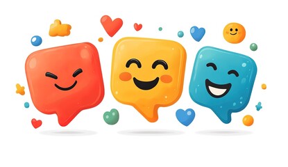 Obraz premium Three colorful chat bubbles with happy faces, expressing positive emotions.