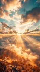 Obraz premium A bright, shining sun illuminates the sky as it breaks through the clouds, with radiant beams creating a stunning display of light and shadow, perfect for a phone wallpaper.